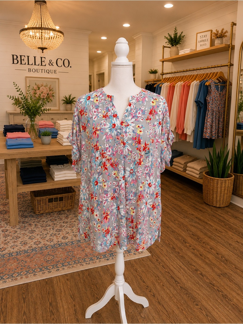 Dear Scarlett Floral Top Plus Size 2X Blue Red Gray Stretch Blouse